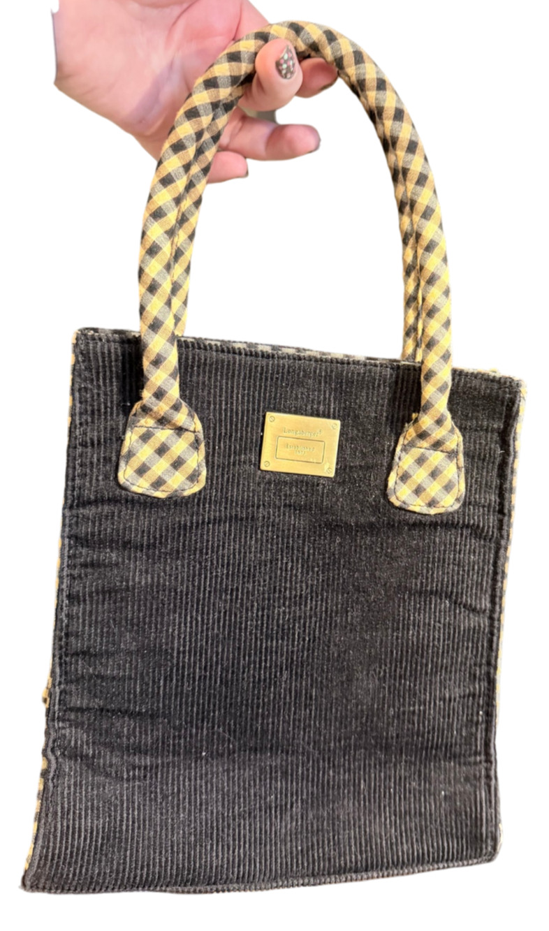 Vtg Y2K Longaberger Corduroy Small Tote Bag Purse Black Tan Plaid Lunch Sweet